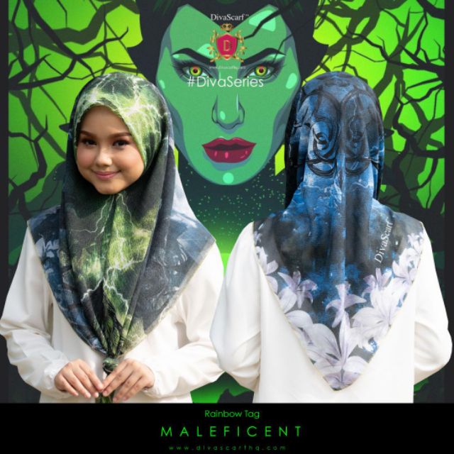 Rainbow Tag Bawal Maleficent Tudung Bawal Printed Hitam Hijau DivaScarf Ready Stock