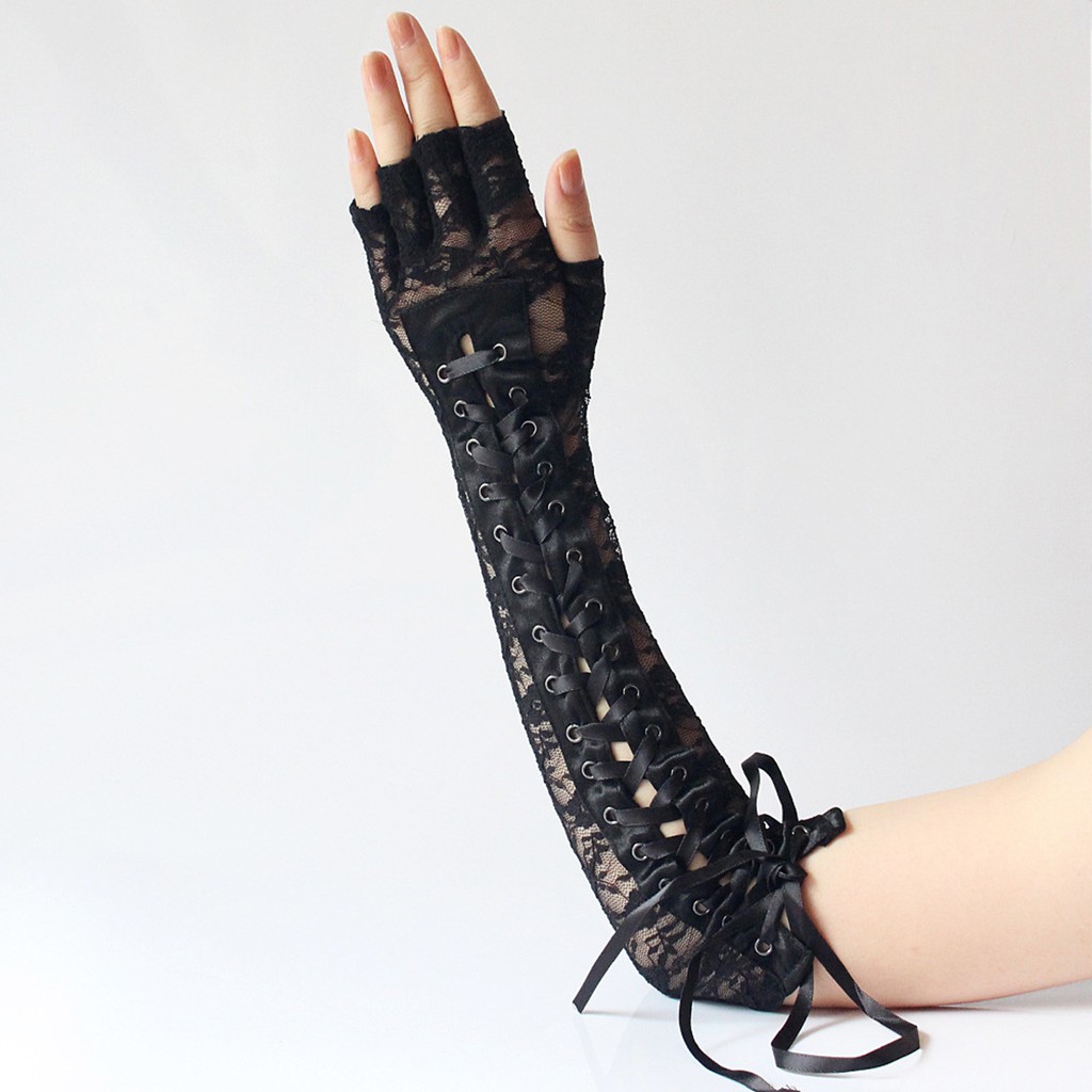 elbow length black lace fingerless gloves