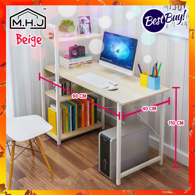Spot 【Reeady Stock】MHJ (PC66) T90 Modern Computer Office Table With Side Book Shelves Multipurpose Shelf Table / Meja Be
