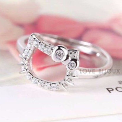 Hello Kitty S925 Sliver Diamond Ring Adjustable Platinum