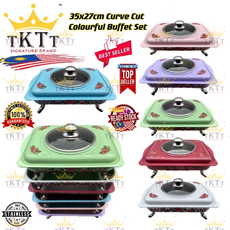 TKTT 35x27 Curve Cut Colourful Stainless Steel Embossed Buffet Food Pan Catering Food Serving Set Tray Lauk Serbaguna