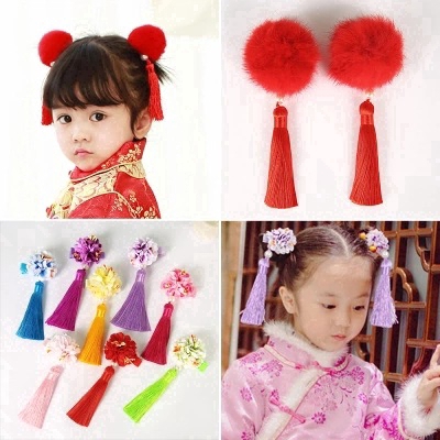 1pair Flower Hair Accessories Baby Girls Tassel Pompom Hair Clip