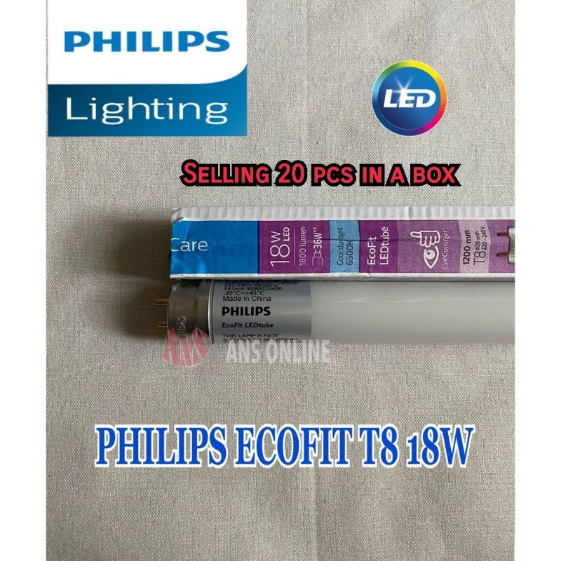 20Pcs PHILIPS ECOFIT T8 18W / 765 LED TUBE (6500K / COOL DAYLIGHT) G13 ...