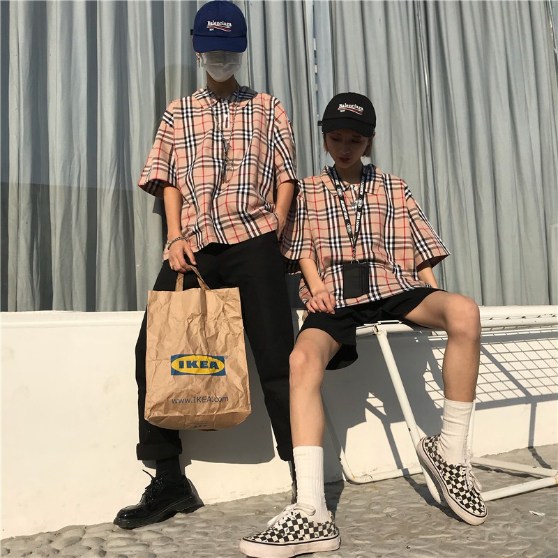 Style couple retro Plaid POLO Short Sleeves Shirt Tops Blouse | Shopee Malaysia