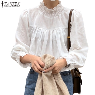 Image of ZANZEA Women Fashion Vintage Puff Long Sleeve Stand Up Collar Solid Color Pleated Korea Blouse