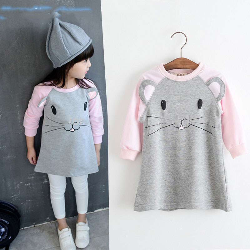 Cartoon Deer Baby Girls Dress Long Sleeve Polka Dot Kids Spring Mini Dress for 2-7 Years Old
