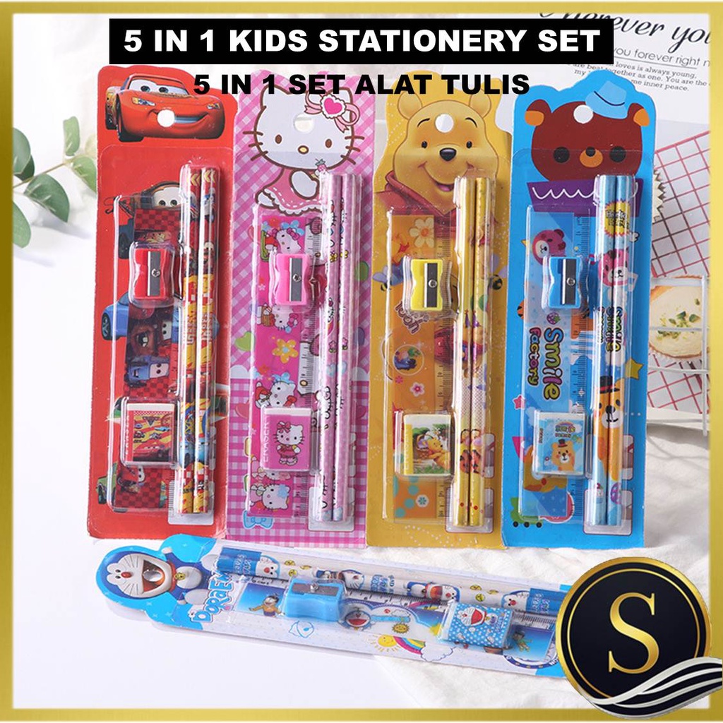 5 IN 1 Kids Stationary Stationery Set Birthday Doorgift Pencil Gift Present School Set Alat Tulis Budak Pensel