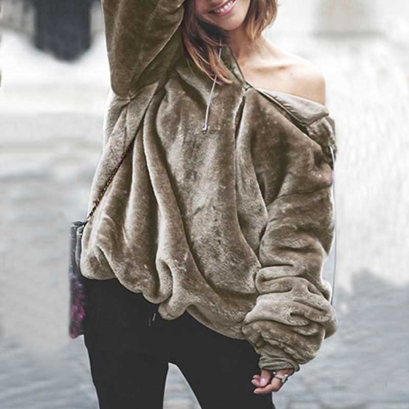 faux fur long sleeve plain loose hoodie