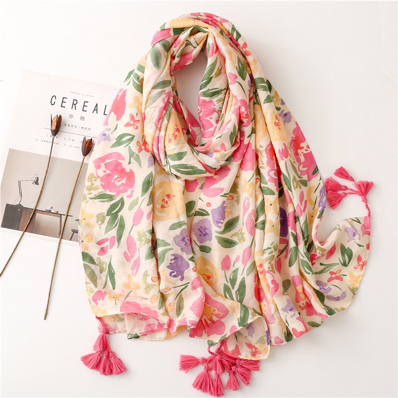 2022flowy cotton shawl floral printed wide shawl women comfy modern headwrap instant hijabs lady viscose scarf