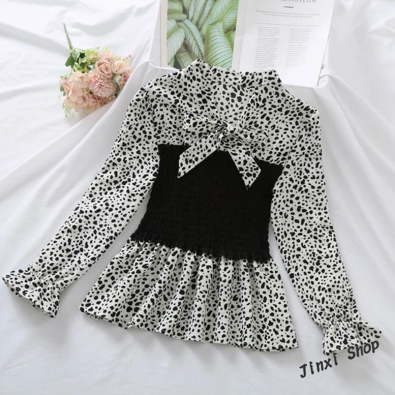 Temperament V-neck Bow Tie Long Sleeve Blouse Chiffon Shirt Women Lantern Sleeve Top