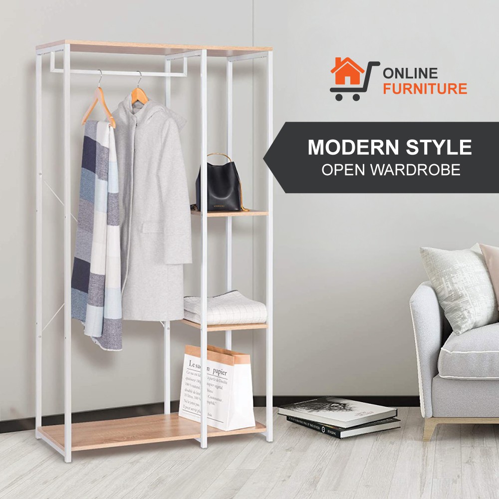 Modern New Style Open Wardrobe Contemporary Large Clothes Rail Metal With Wood Shoe Rack Rak Baju Open Type Shopee Malaysia