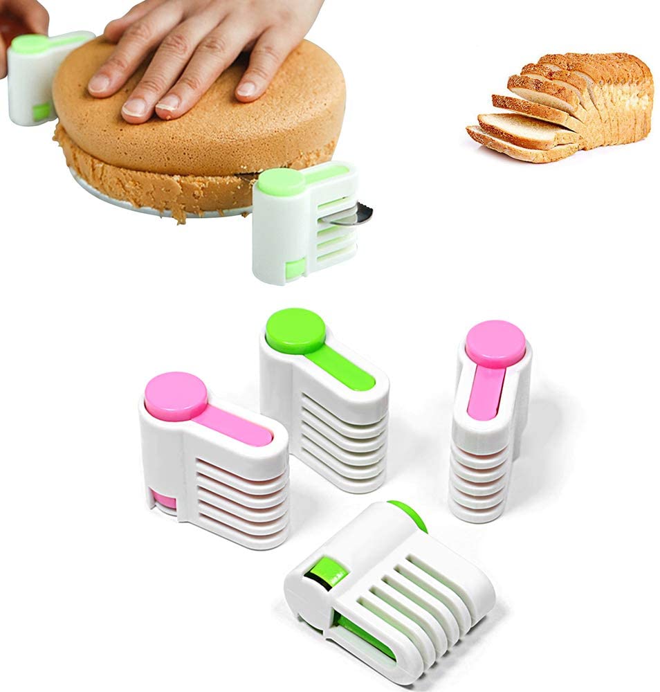 2-piece DIY cake slicer, adjustable 5-layer horizontal slicer, cutter guide tool, layering aids, cake slice leveler, bread slicer, and even cake slice leveler (green and pink)