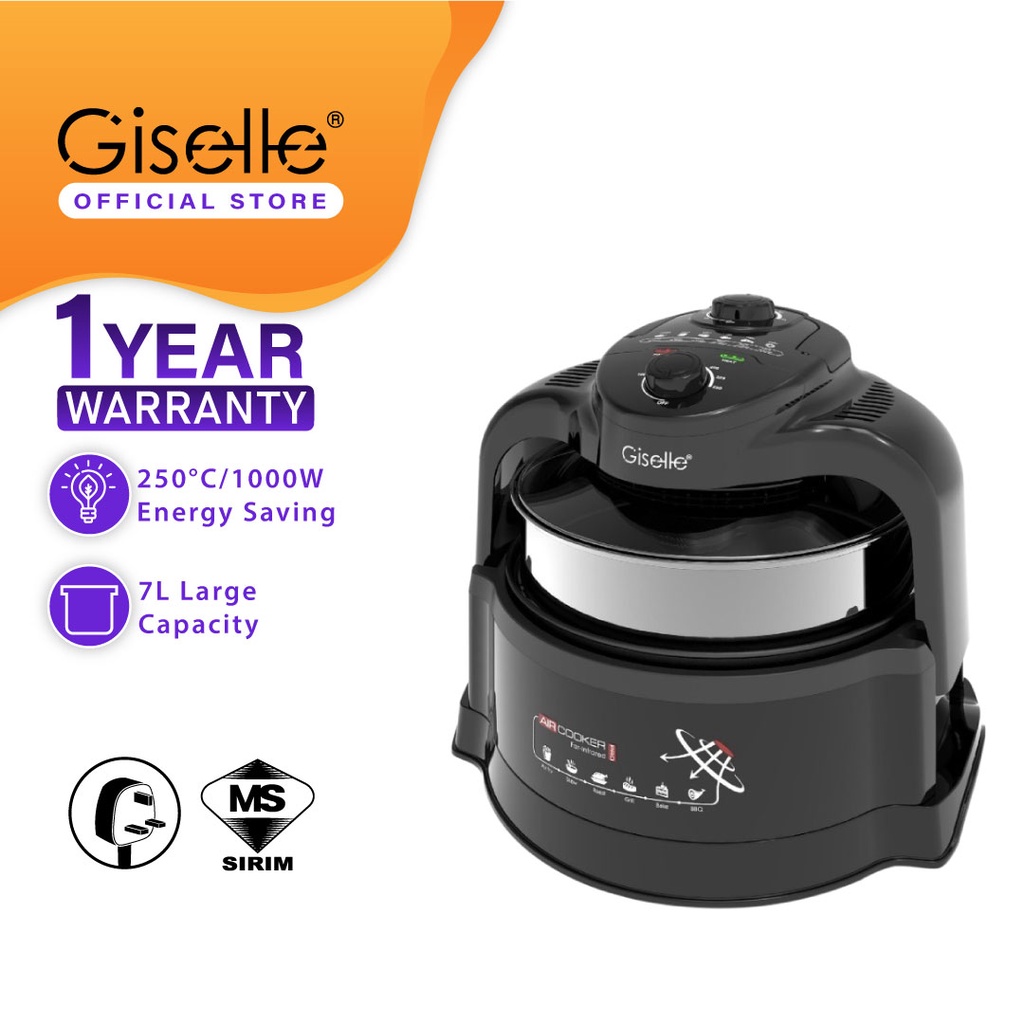 Giselle Air Fryer, Air Cooker with a Glass Lid 7L Large Capacity Oil-Less Multi cooker with Extender Ring (KEA0320)