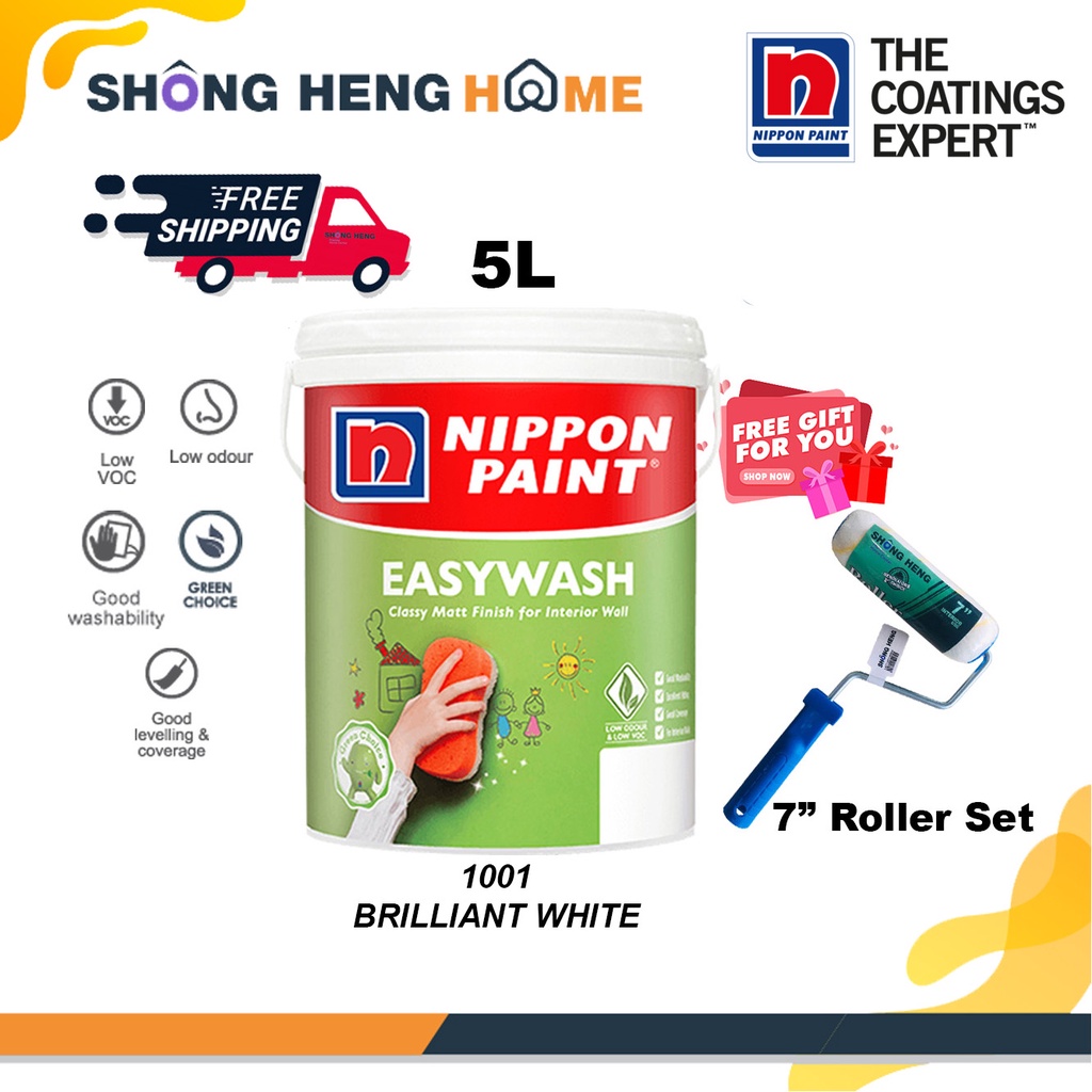 5L Nippon Paint Vinilex Easywash Interior Wall [Brilliant White 1001] + FOC 7" Roller Set
