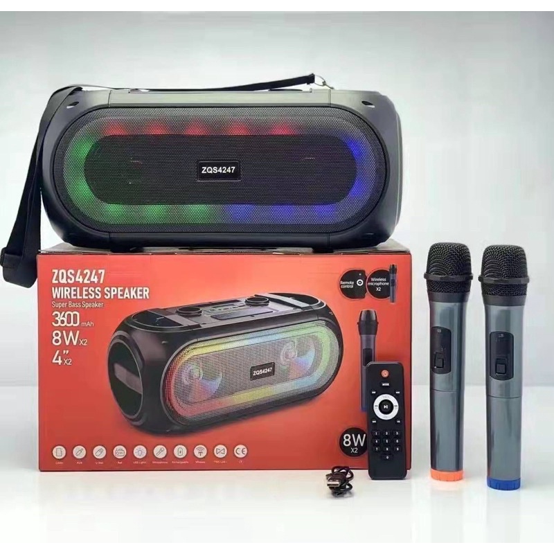 🇲🇾*Ready Stock* Speaker Karaoke ZQS4247 Dual Microphone Karaoke Wireless Portable Speaker RGB Colorful Light With Remote