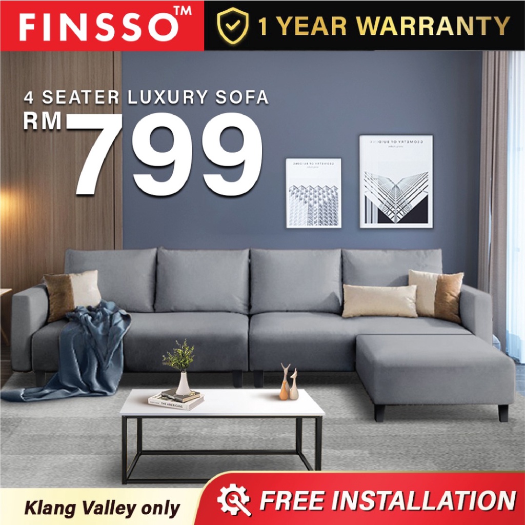 FINSSO: Lauren 388 4 Seater L Shape Designer Canvas Sofa with Stool 1 YEAR WARRANTY [FREE INSTALLATION]