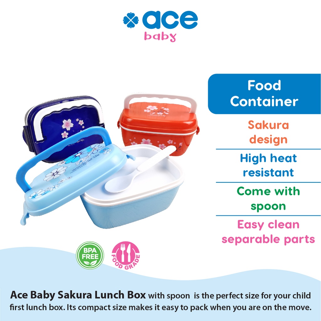 ACE BABY Multi-purpose Food Storage Container Kids Sakura Design With Lid Cover Lunch Box Bekas Makanan Dgn Sudu 473