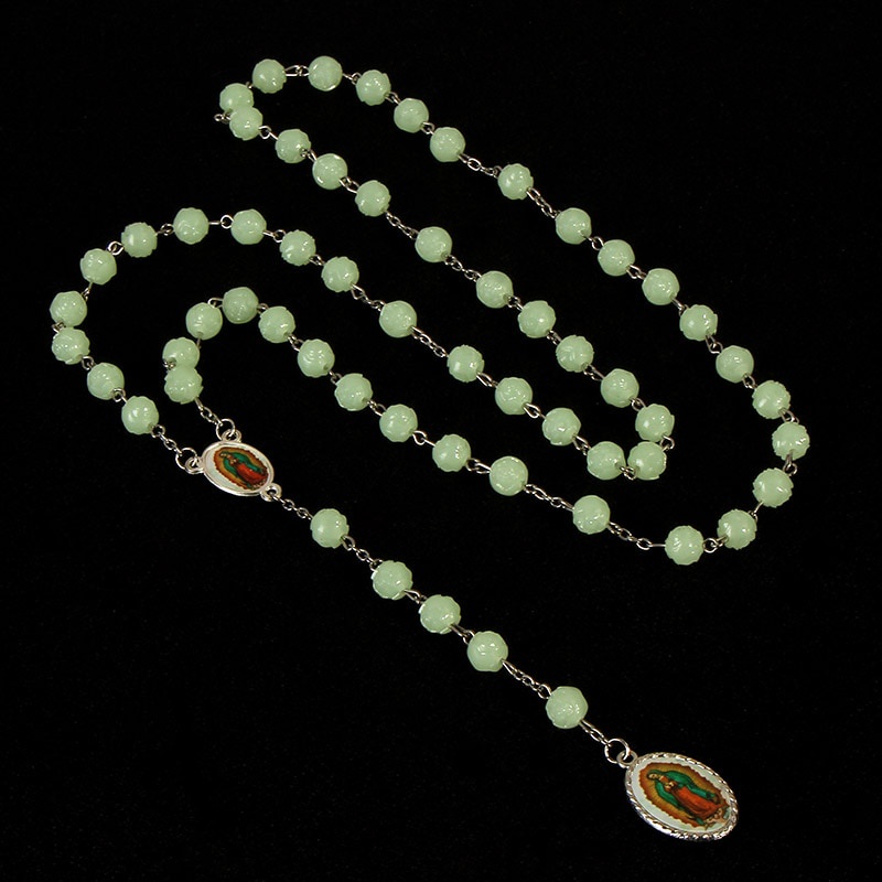 Catholic glowing green rosary cross necklace. Long chain beads of blessing Mary Rose. prayer necklace 8mm