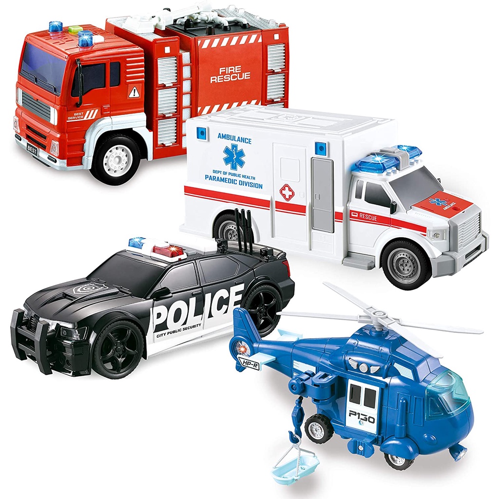 【Ready Stock】4 Pack Friction Powered City Hero Play Set Including Fire Engine Truck, Ambulance, Police Car and Helicopter Emergency Vehicles with Light and Sound