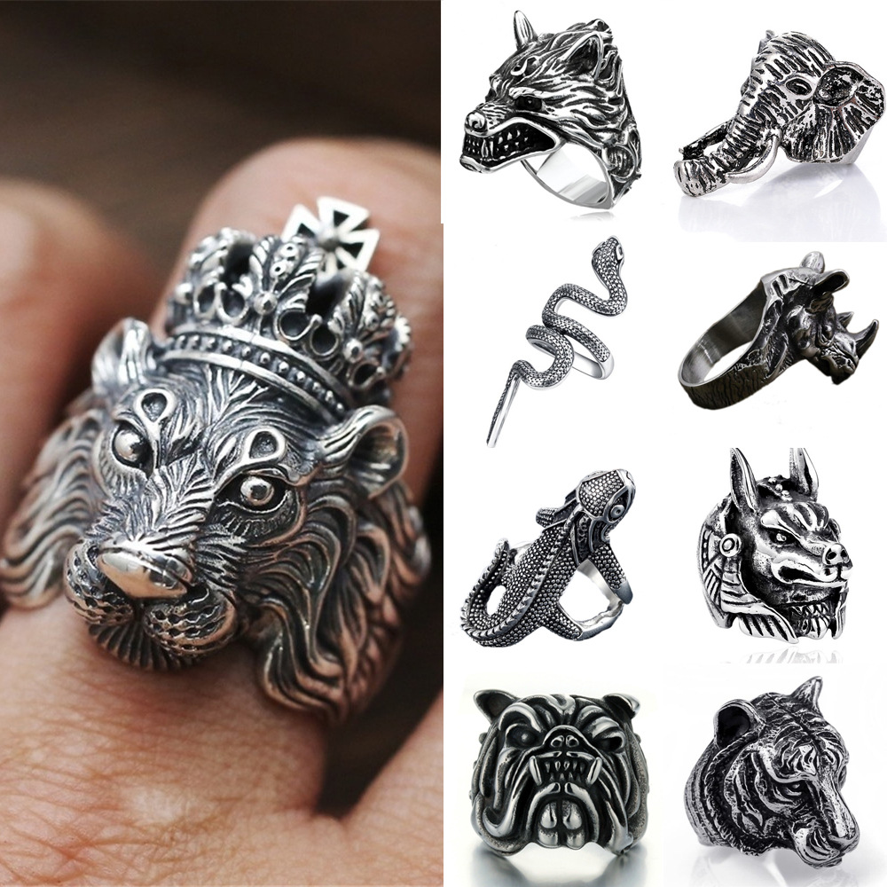 Anello animale punk retrò Lucertola Leone Faraone Cane Anello regolabile misura aperta_voghion.com