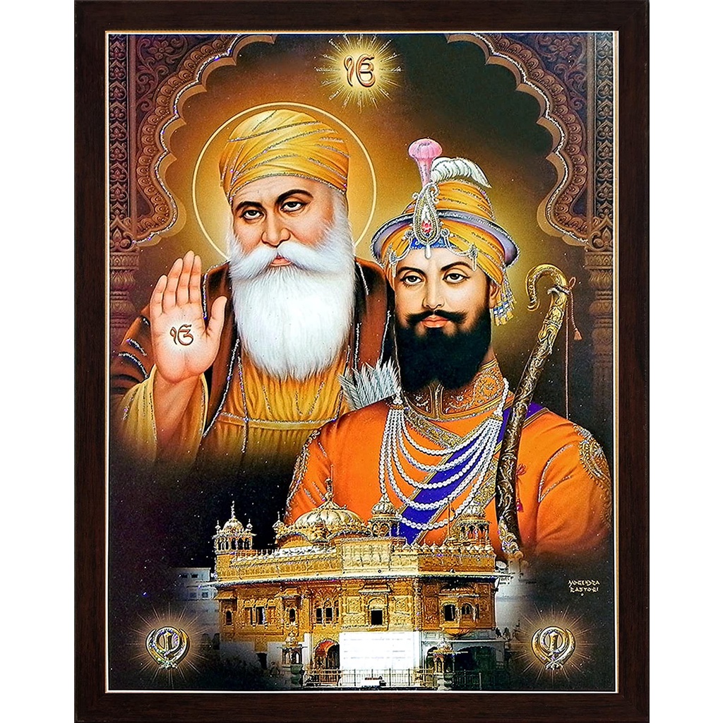 Guru Gobind Singh ji and Guru nanak dev ji with Golden Temple and Sikh Symbol Kandha and ekumkar Poster Picture Art Print Canvas Wall Art Home Living Room Decor 1212