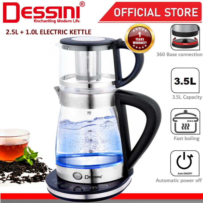 DESSINI ITALY Glass LED Light Electric Kettle Temperature Control Automatic Cut Off Boiler Jug Teapot Cerek (2.5L + 1L)