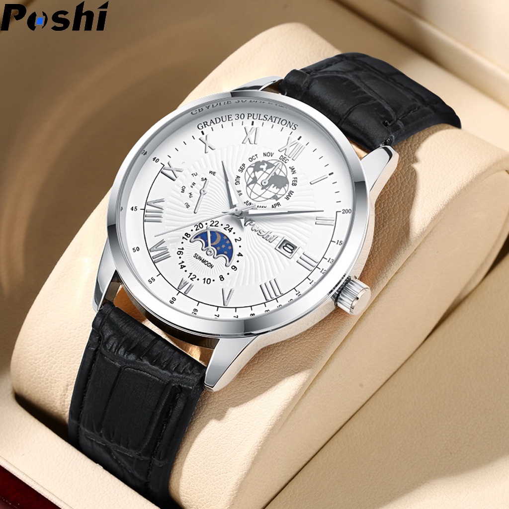 Poshi Men's Quartz Watches Luxury Leather Sports Watch Waterproof 