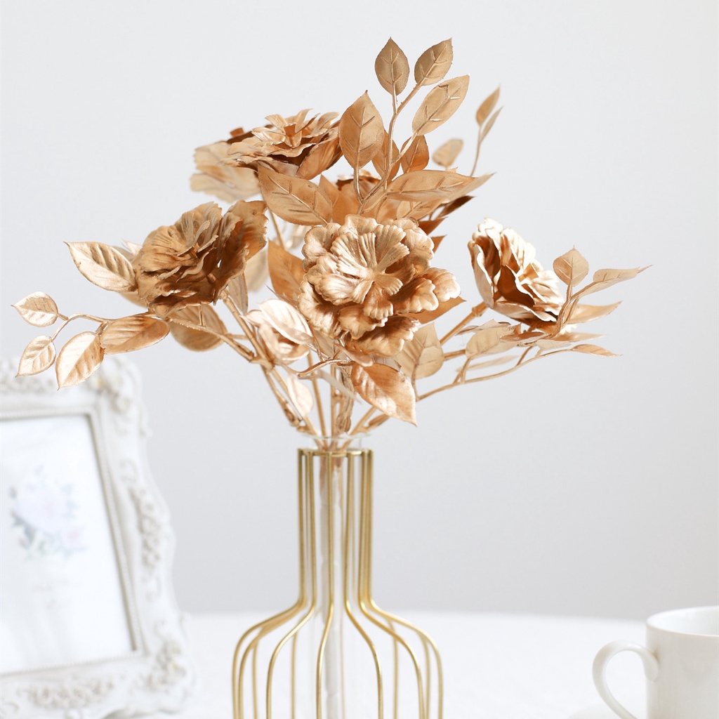 Retro Gold Rose Artificial Flowers With Leaves High Quality For Wedding Party Home Decoration