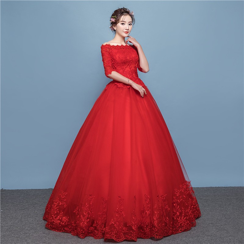 Bride Wedding Dresses Long Dress Fashion Women Red Luxury Lace