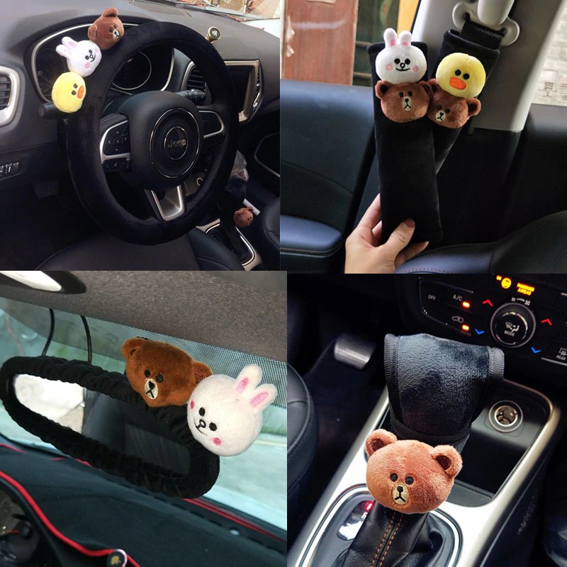 Cute Cartoon Bear Car Interior Accessories Plush Universal Steering Wheel Cover Seat Belt Cover Rearview Mirror Cover