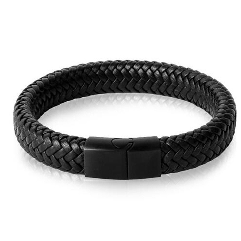 Classic Black Leather Woven Metal Magnetic Buckle Bracelet Men's Casual Sports Business Fine Jewelry Gift