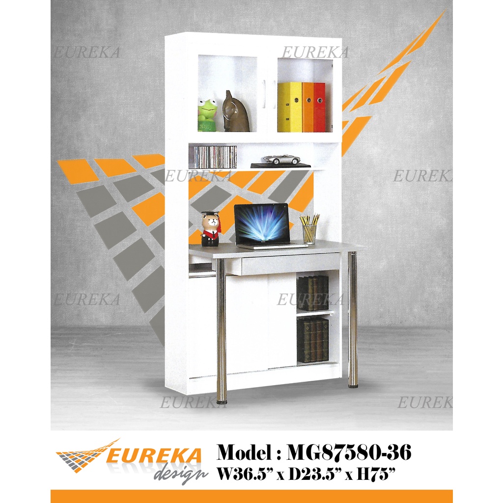 EUREKA 3ft Study Computer Table Book Shelf Glass Sliding / Meja Almari 8758 (Deliver & Installation Klang Valley ONLY)