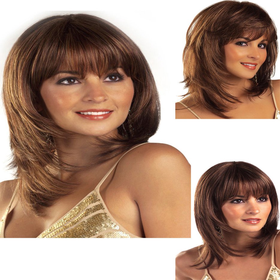 Women Synthetic Full Wigs Short Curly Bob Hairstyle Dark Brown Wig With Bangs