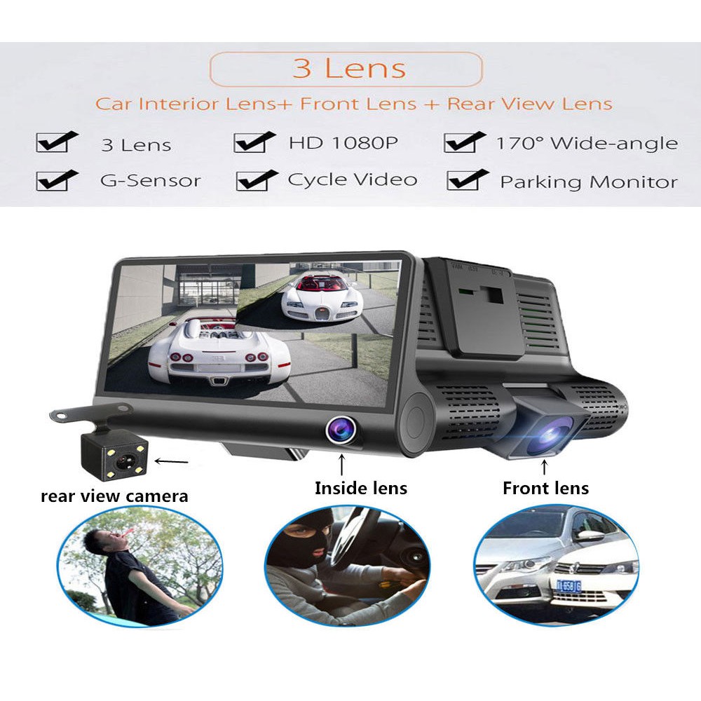Ready Stock 3 Lens Car Cam Front Inside Rear 1080hd Car Camera
