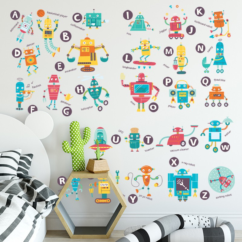 Removable wall stickers robot cartoon English alphabet kindergarten  children room baby learning early education stickers | Shopee Malaysia