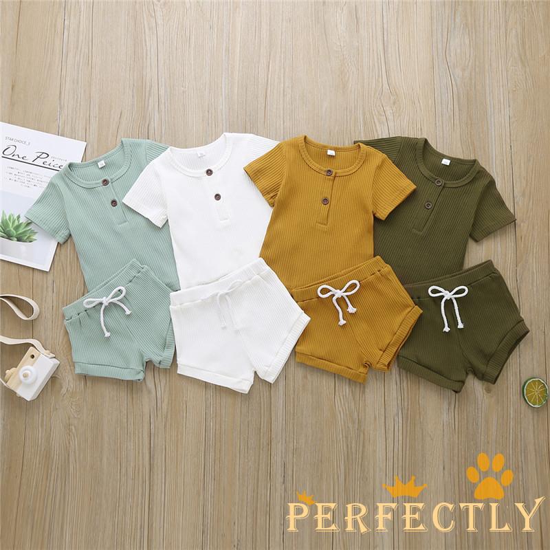 PFT-0-24m Newborn Baby Girls Boys Rib-knitted Short Sleeve T-shirt +Shorts 2Pcs Set Casual Cotton Clothing