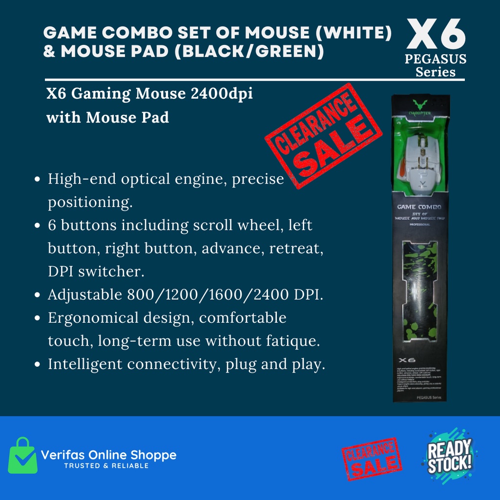 Gaming Combo Set Of Mouse (White) & Mouse Pad (Black/Green) Shopee