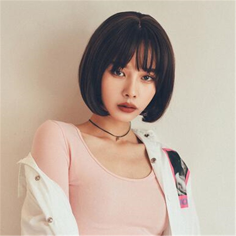 Wig Short Hair Style Air Bangs Fluffy Black Short Straight Hair