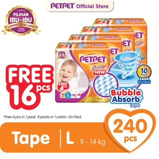 Image of PETPET Tape Diaper Gold+ Mega Pack - M70/ L56/ XL44 (4 Pack) Free 16 Pieces