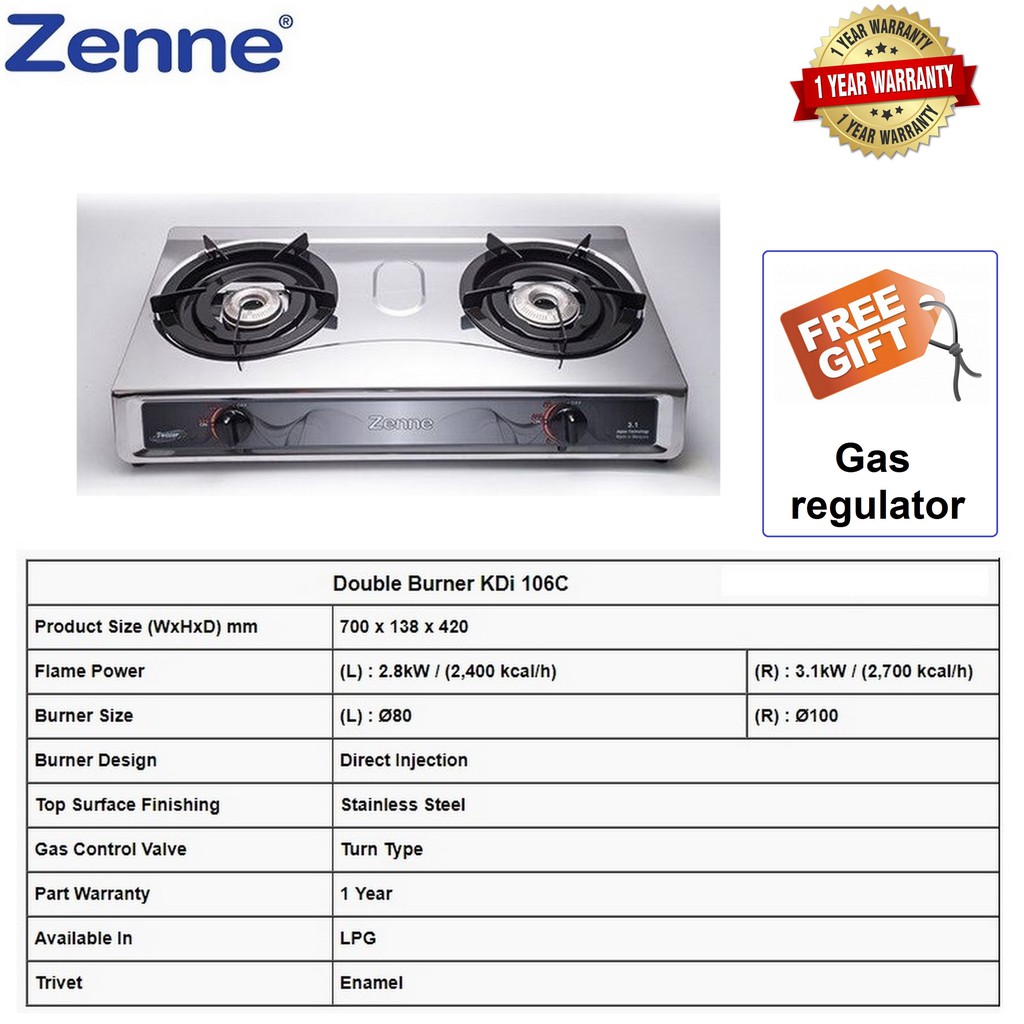 Zenne Stainless Steel Direct Injection Gas Stove Gas Cooker (KDI 106C
