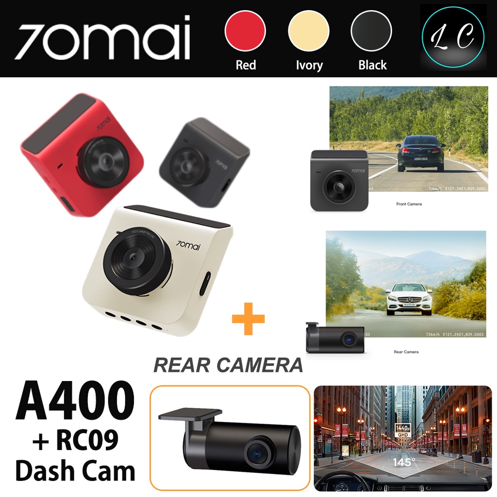 70mai A400 Dashcam Car Recorder Dash Cam QHD 1440P Rear Cam Night Vision  145 FOV WDR App Control Red (A400 Only),With 64GB MicroSD