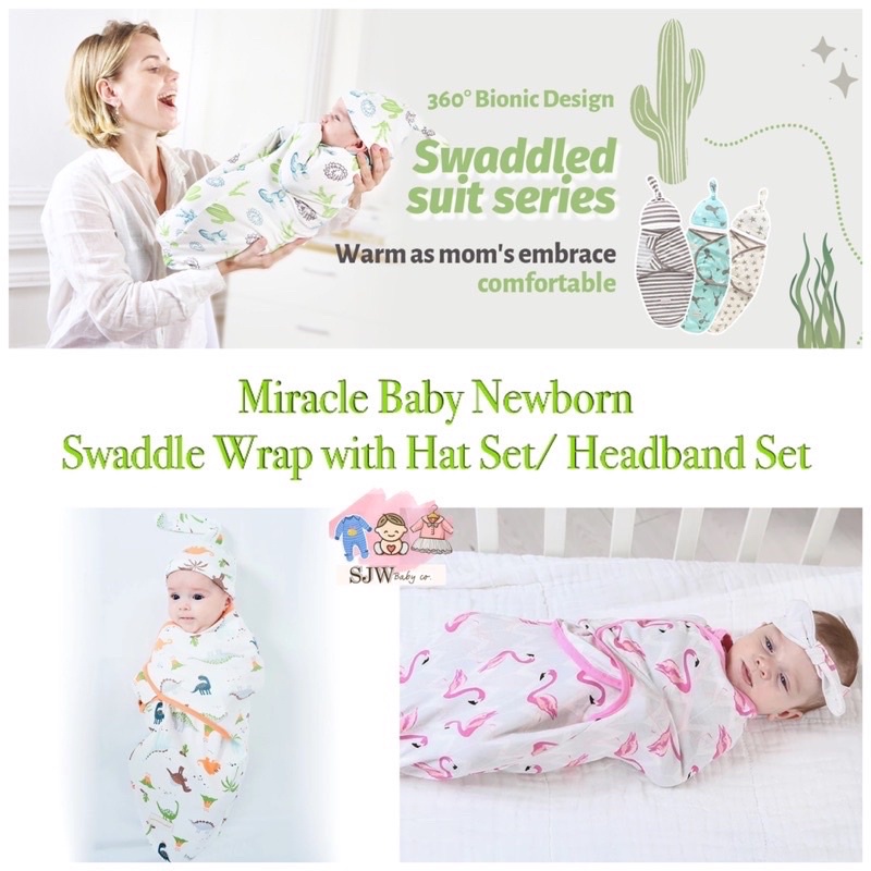 Miracle Baby Newborn Swaddle Wrap with Hat Set/Headband Set