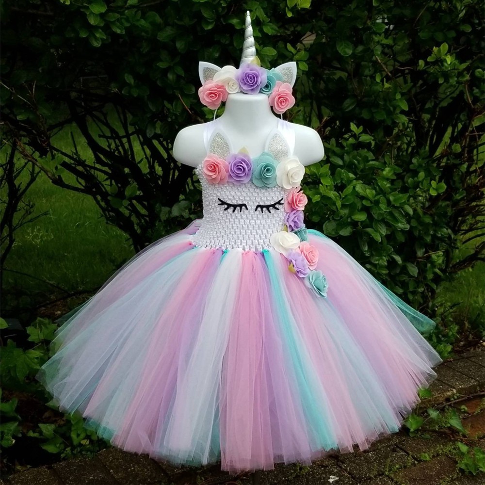 Cute Baby Unicorn Flower Tutu Dress Girls Crochet Pastel Tulle Dress