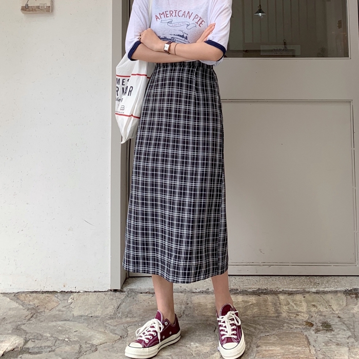  Korean  High Waist Midi  Skirt  A line Women s Plaid Skirt  