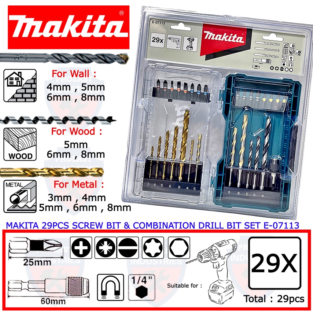 MAKITA SCREW BIT & COMBINATION DRILL BIT SET [ 29PCS ] E07113 Shopee