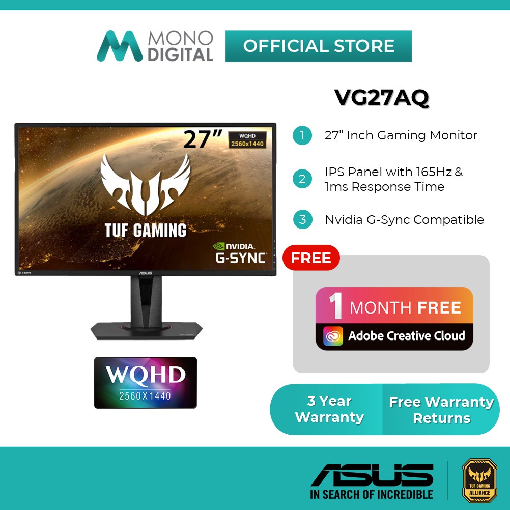 Asus Tuf Gaming Vg27aq Vg27aq1a Vg27aql1a Hdr Gaming Monitor 272560x1440 Ips Panel165hz