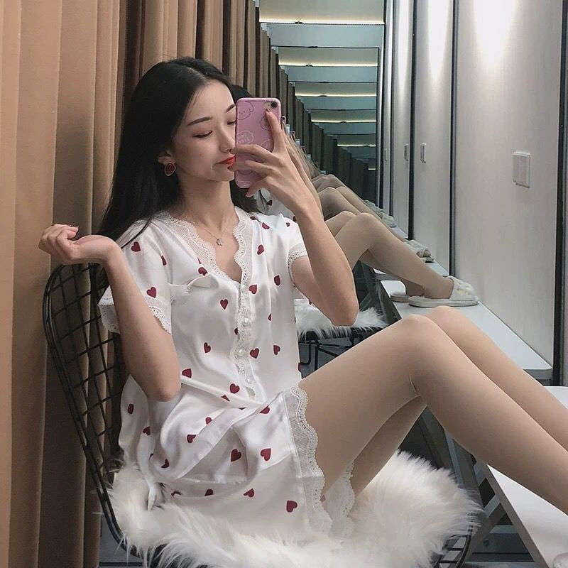 【Ready Stock】 Pajamas women's summer ice silk short-sleeved thin section sexy very fairy princess style court cute Japanese homewear suit pajamas sleepcoat sleepwear nightdress
