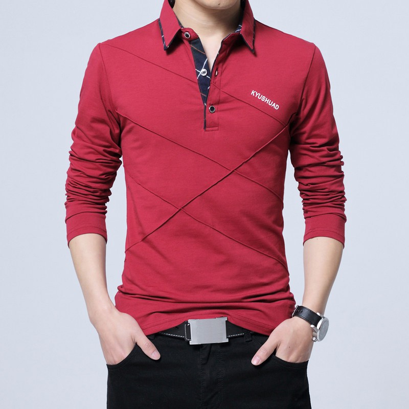 6 Color M-5XL Autumn Casual T-shirt Men Cotton Red Color Shirt Collar ...