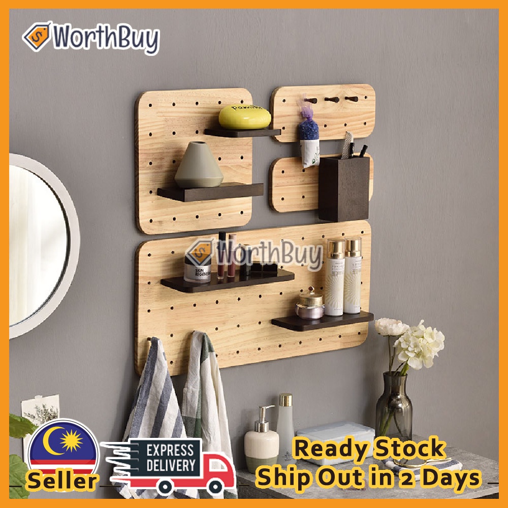Worthbuy Wall Mounted Wooden Pegboard Floating Shelves Hanging Board Wall Organizer Shopee