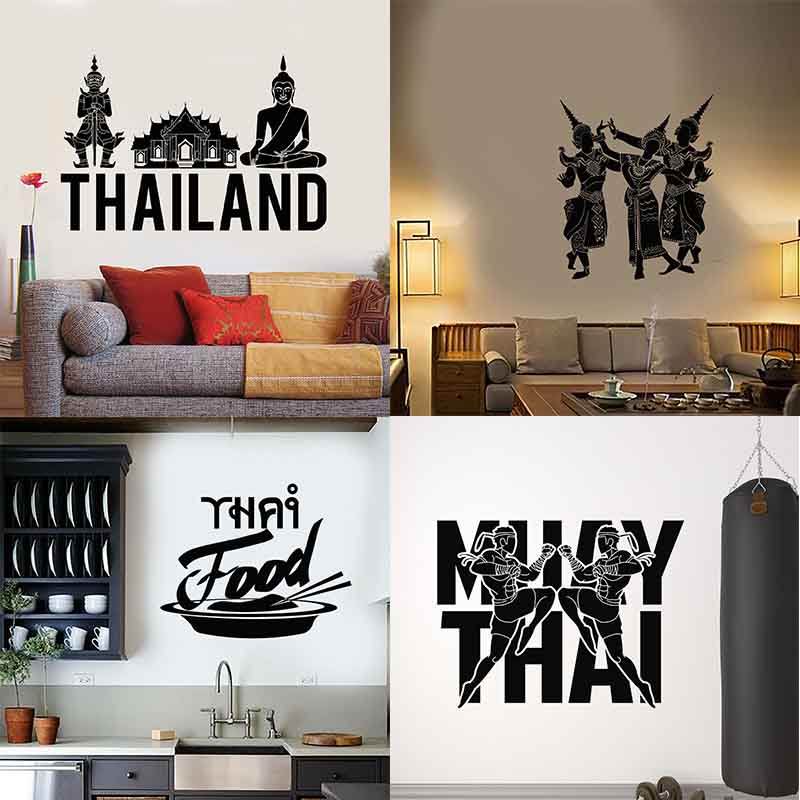 Thailand Buddha Temple Dancing Woman Wall Decal Thai Food Restaurant Spicy Cuisin Vinyl Sticker Massage Muay Thai Decor